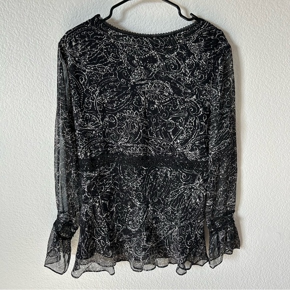 Vintage 100% Silk 90s Sheer Black and White Lace Blouse Top with Bell Sleeves - Picture 2 of 10